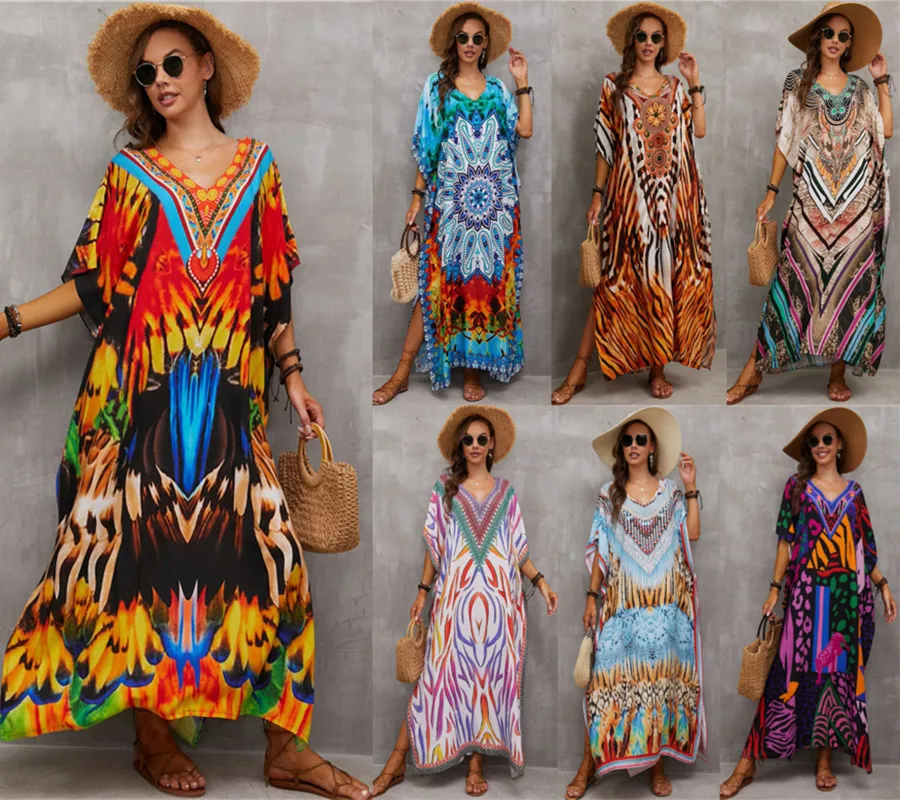 

Boho Printed Long Kaftan PlusSize Women Summer Clothes Sexy Short Sleeve Maxi Dress Beach Wear Swim Suit Bikini Cover Up