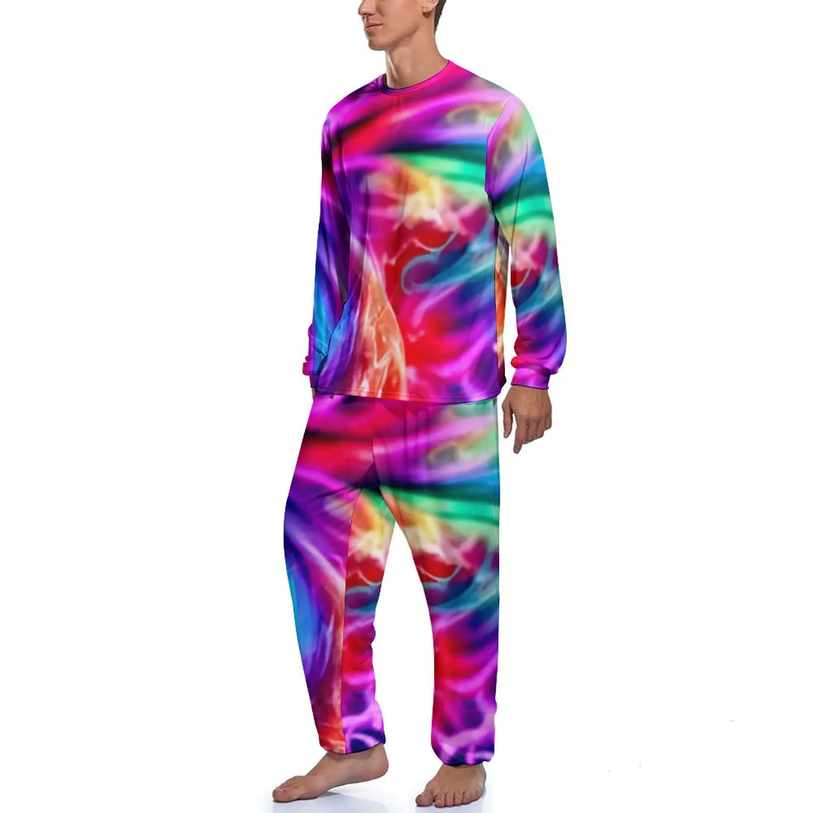 Color Tie Dye Pajamas Winter 2 Pieces Abstract Art Print Cool Pajama Sets Male Long Sleeve Casual Design Sleepwear