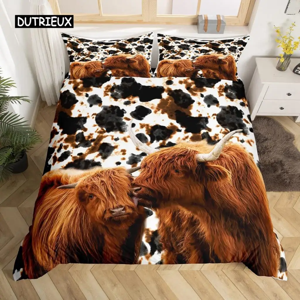 Cow Duvet Cover Set Rustic Vintage Western Wild Animal Bedding Set for Kids Boys Polyester Quilt Cover Double Queen King Size