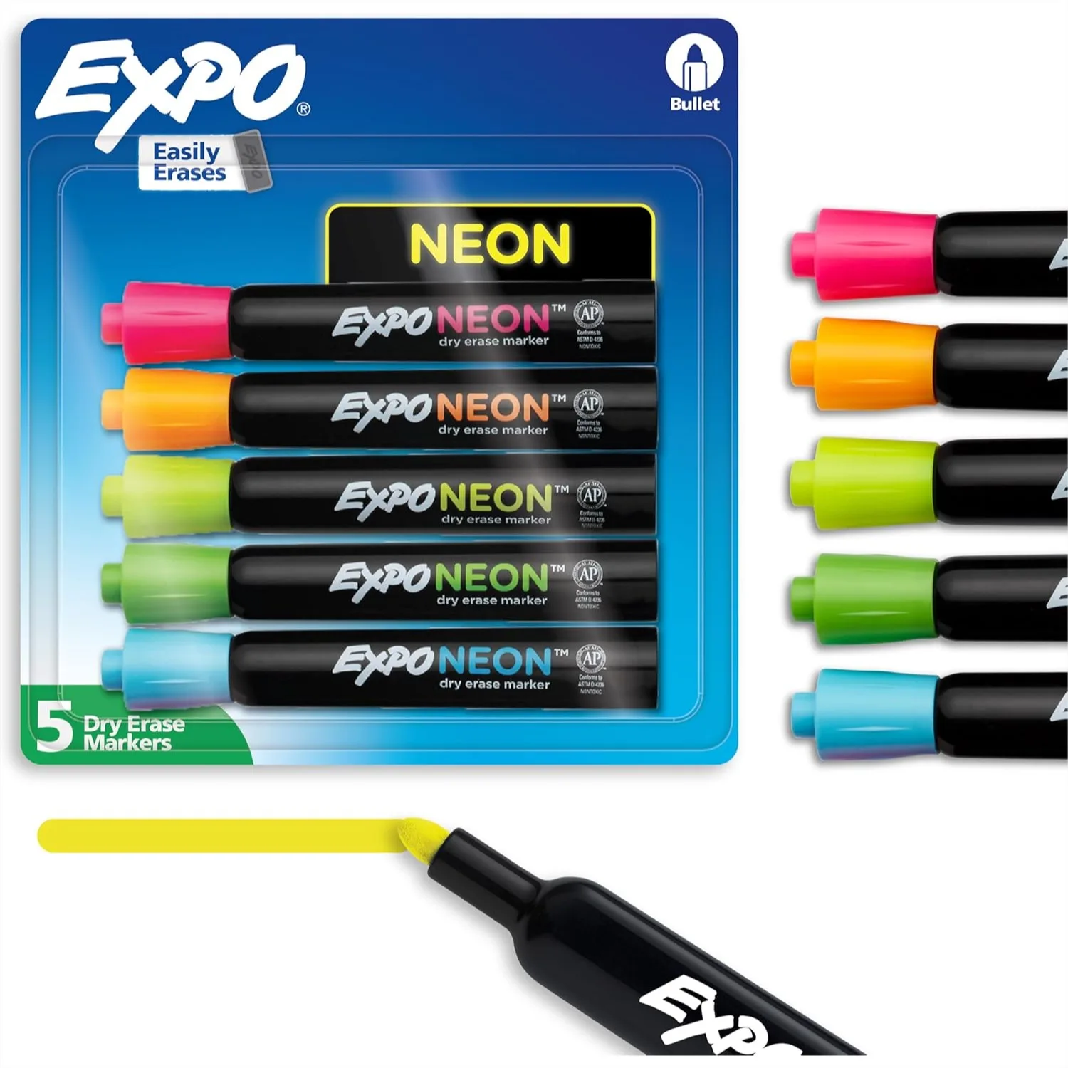 

Neon Dry Erase Markers, Bullet Tip, 5 Pack - Vibrant Colors for Whiteboard, Glass, Acrylic, Home Organization