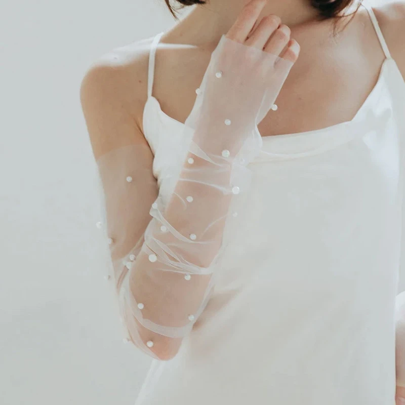 우아한 메쉬 진주 긴 핑거리스 얇은 명주 그물 장갑 신부 얇은 투명 분리형 팔 슬리브 웨딩 드레스 장식 악세사리