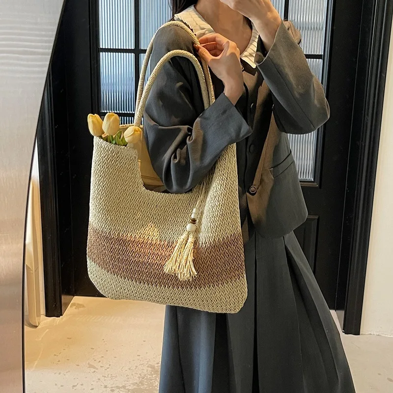 Large Capacity Commuting Leisure Grass For Women 2025 New Vacation Beach Woven Single Shoulder Tote Bag