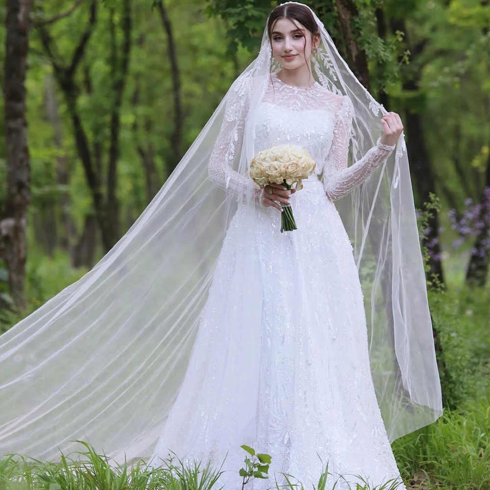 

Кружевные свадебные платья с высоким воротником и длинными рукавами, А-силуэт, со шлейфом, для женщин, для садовой церемонии, на заказ