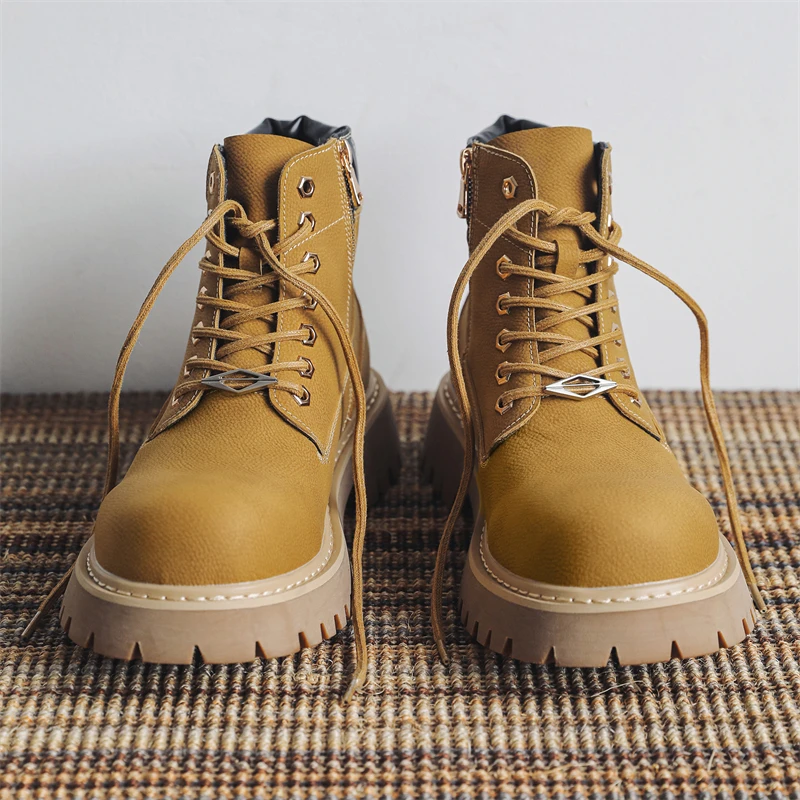 

European American Autumn Winter Men Outdoor Hiking Boots Zipper Height Increasing Anti Slip Casual Couple Motorcycle Boots