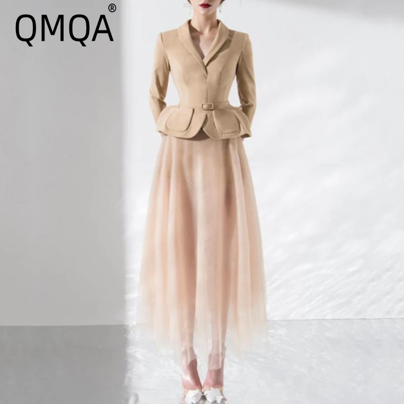 QMQA Fashion Women's Elegant Niche 2 Piece Set Long Sleeve Belt Short Coat High Waist Mesh Skirts 2025 Female New Sets QM57