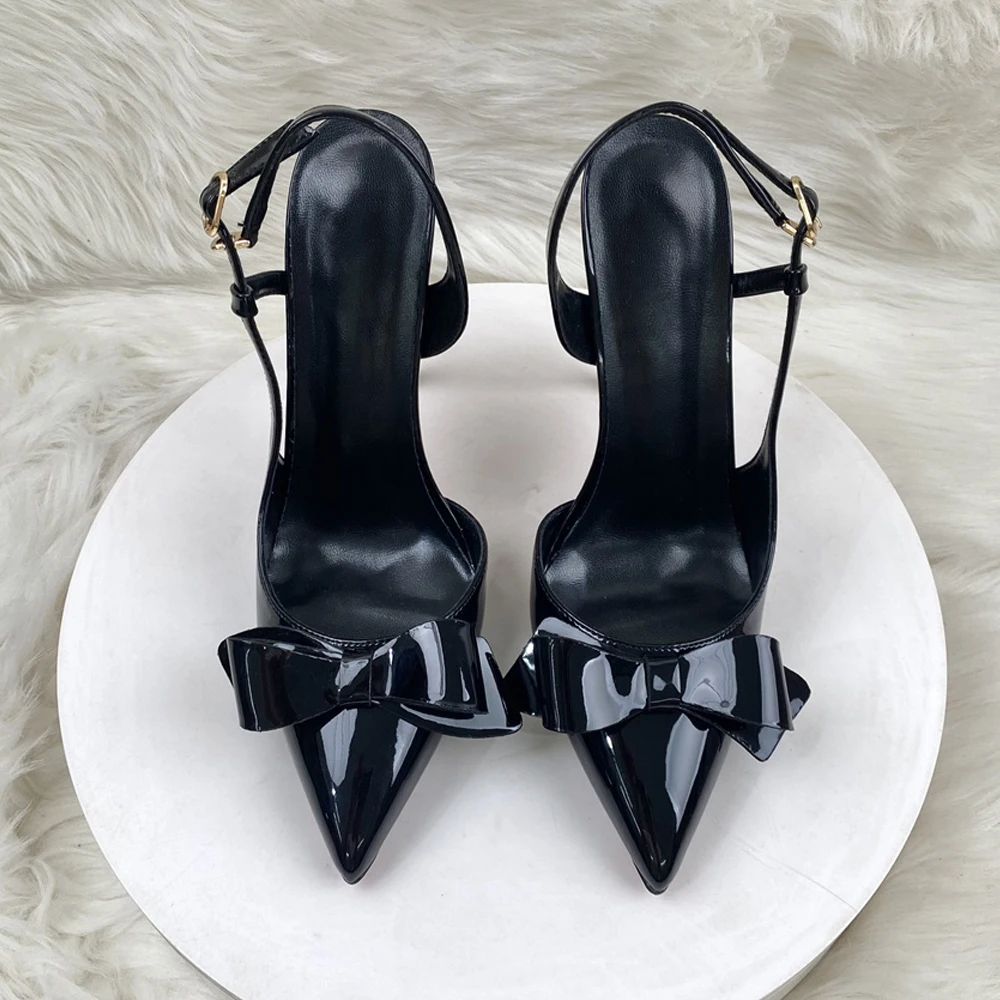 

Новые летние женские туфли на высоком каблуке с бантом, черные туфли на высоком каблуке 12 см, пикантные женские туфли-лодочки на шпильке с острым носком, 10 см LX075