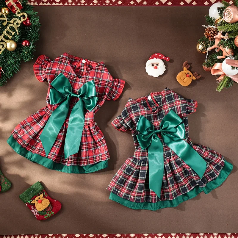 Red Plaid Christmas Dog Costume Cute Bowknot Princess Dress for Festival Party Small Dog Puppy Skirt Apparel Pet Clothes