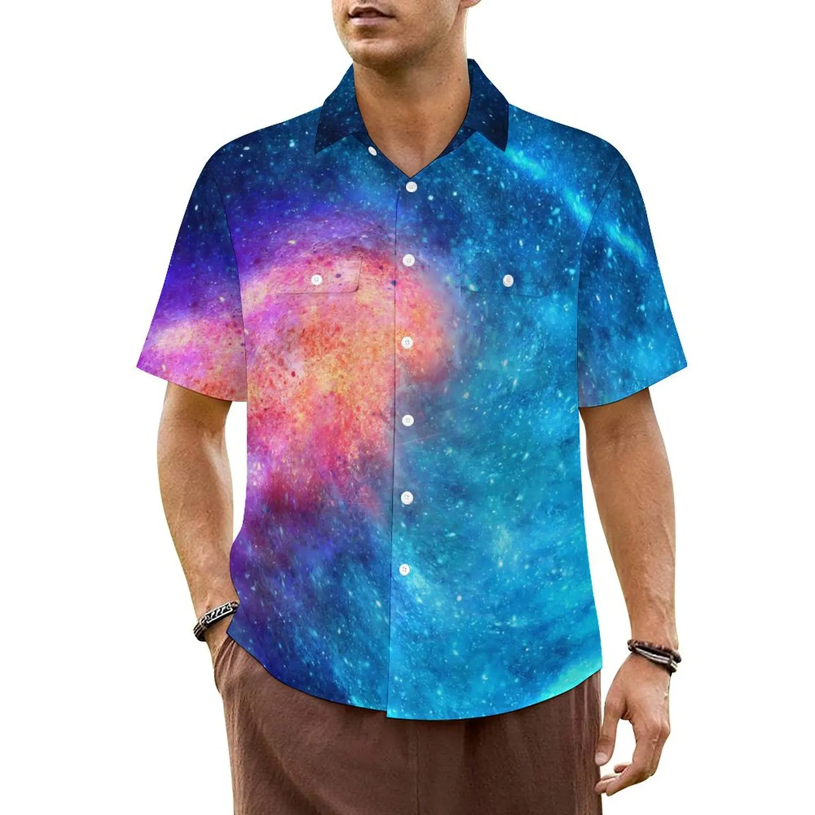 

Hawaiian Shirt Beach Galaxy Print Blouses Space With Stars Elegant Casual Shirts Male Short Sleeve Y2K Funny Oversized Top