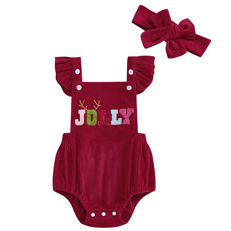 

Baby Girl Christmas Overalls Flying Sleeve Square Neck Letter Embroidery Corduroy Romper with Headband