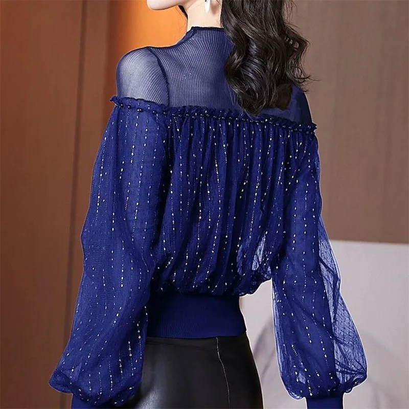 Elegant Beading Bright Silk Spliced Gauze T-Shirt Women\'s Clothing 2023 Autumn Winter Loose Korean Tops Lantern Sleeve Tee Shirt