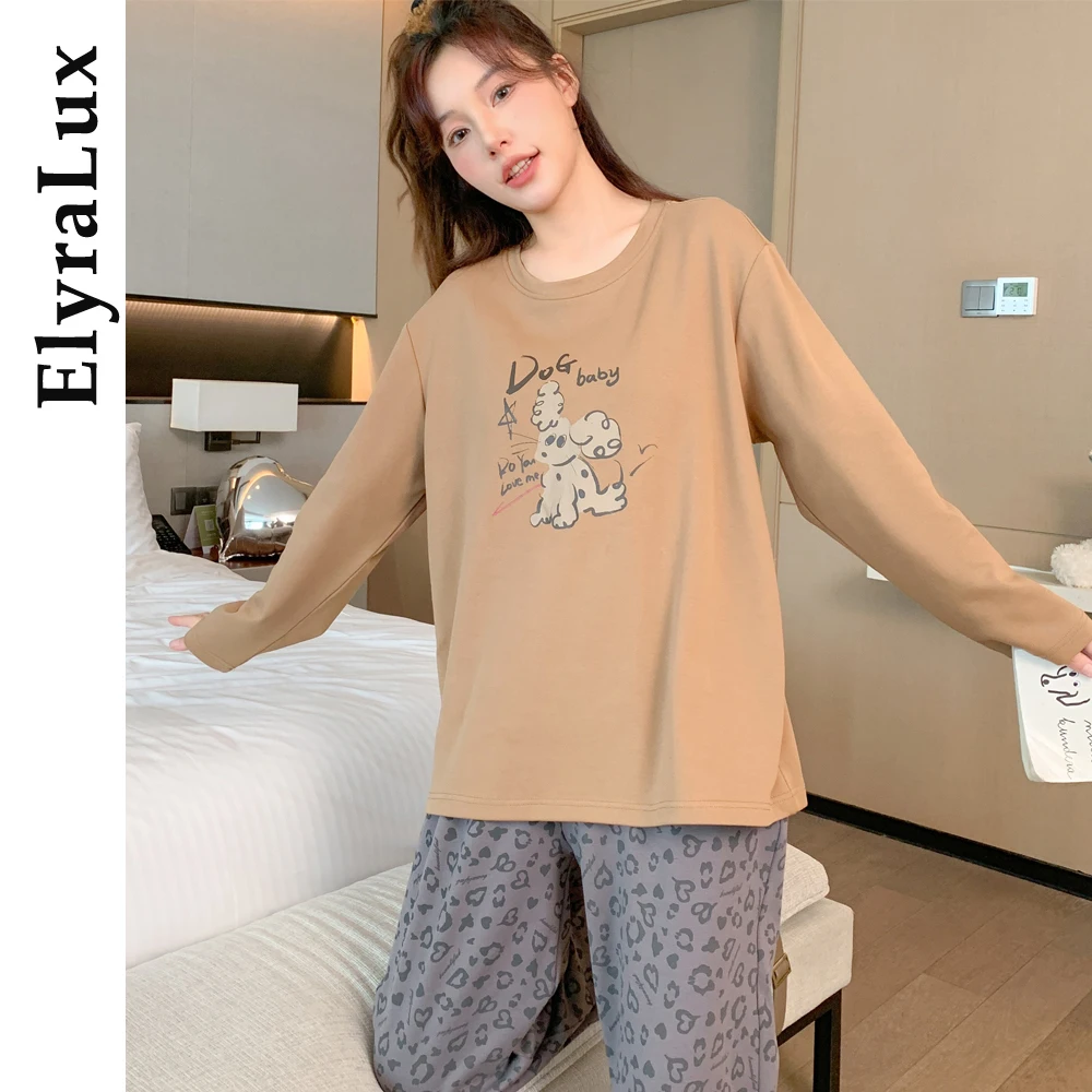 

ElyraLux Женский пижамный комплект Коричневый топ с длинными рукавами и брюки Пижама Комплект из 2 предметов для женщин с принтом Повседневная мягкая домашняя одежда Осень