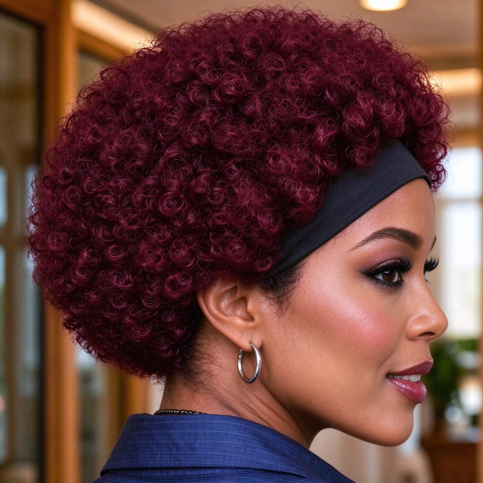 Full Machine Made Short Kinky Curly Human Hair Headband Wig, Burgundy Color Human Hair Wig,Headband Wigs for Women Natural Look