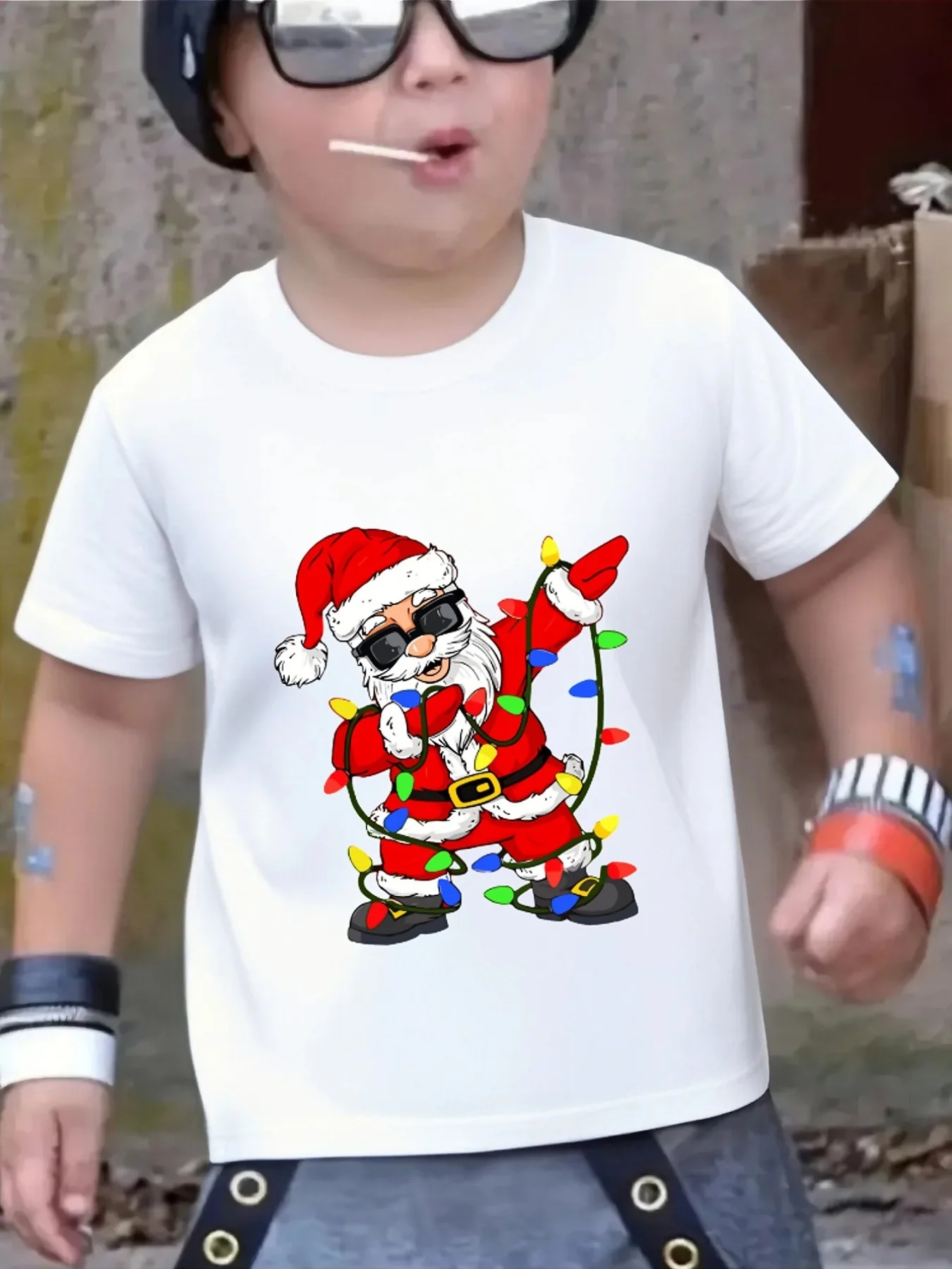 Cool Santa Claus Sunglasses Christmas Lights Print Family Matching Red Short Sleeve Tee Boys Girls Kids Casual Holiday Xmas Tops