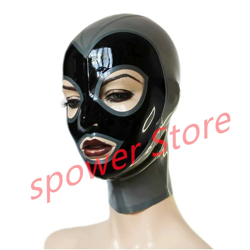 

Natural Latex Full Head Latex Hoods Rubber Mask Fetish Cosplay Costumes Silver with Black Trim Back Zip Club Wear