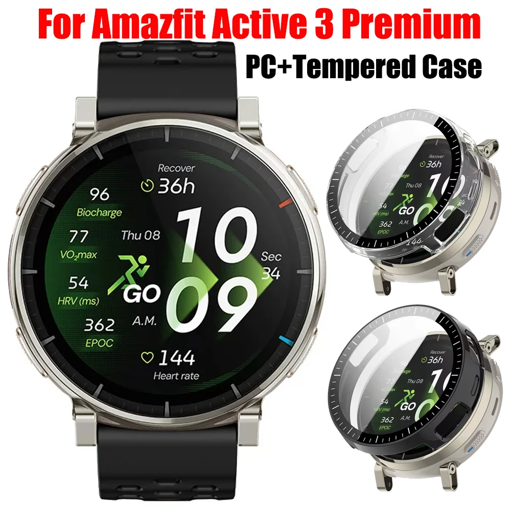 PC-Gehäuse + HD-Hartglas für Amazfit Active 3 Premium-Displayschutzfolie Rundum-Stoßschutz für Amazfit Active 3 Zubehör