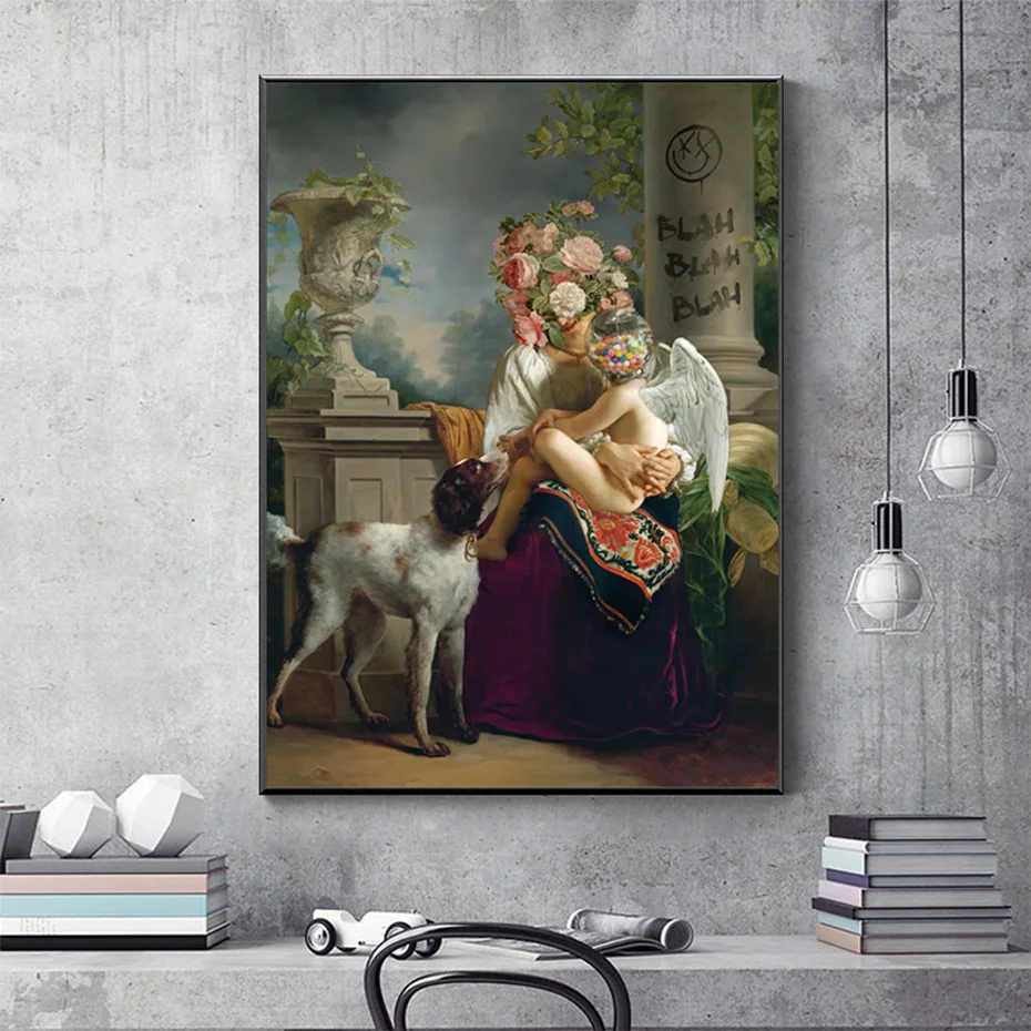 Classic Angel Wings Canvas Painting,Abstract Women Flowers Wall Art Posters,Lovely Child Pet Dog Prints,Living Room Decor Prints