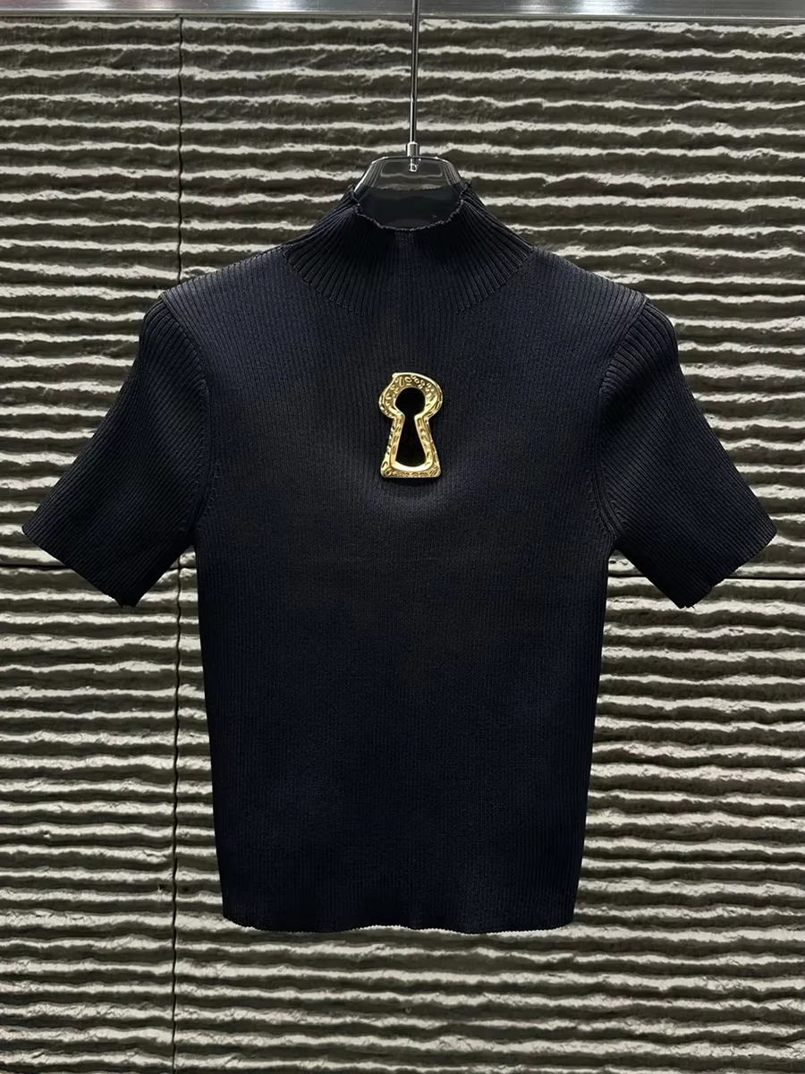 Hollow Out Spliced Metal Buckle T Shirts For Women Turtleneck Short Sleeve Minimalist Slimming T Shirt Female