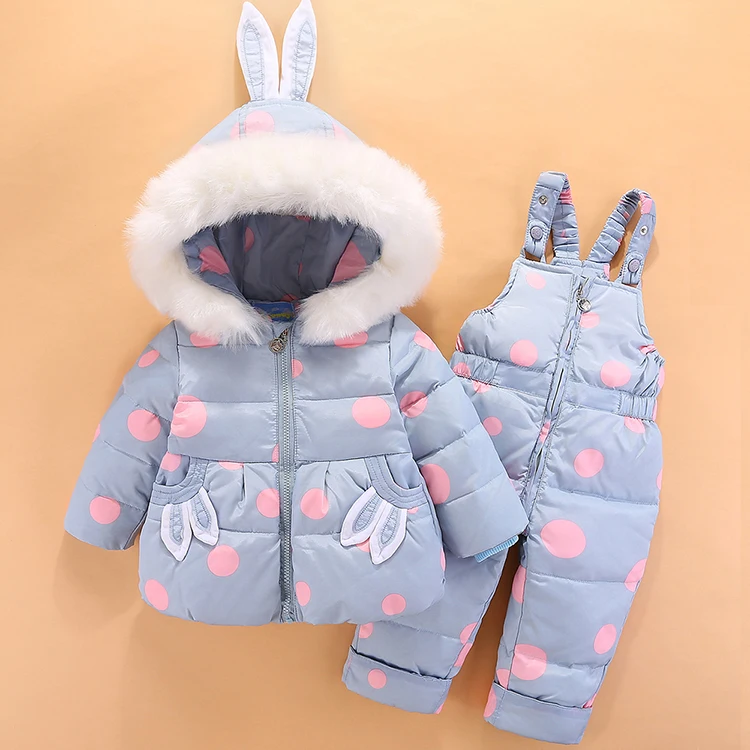 2024 Winter Baby Girl Down Snowsuit Cartoon Rabbit Hooded Coat Dot Overalls Infant Girl 2PCS Set 1-4 Years Toddler Girl Snowsuit