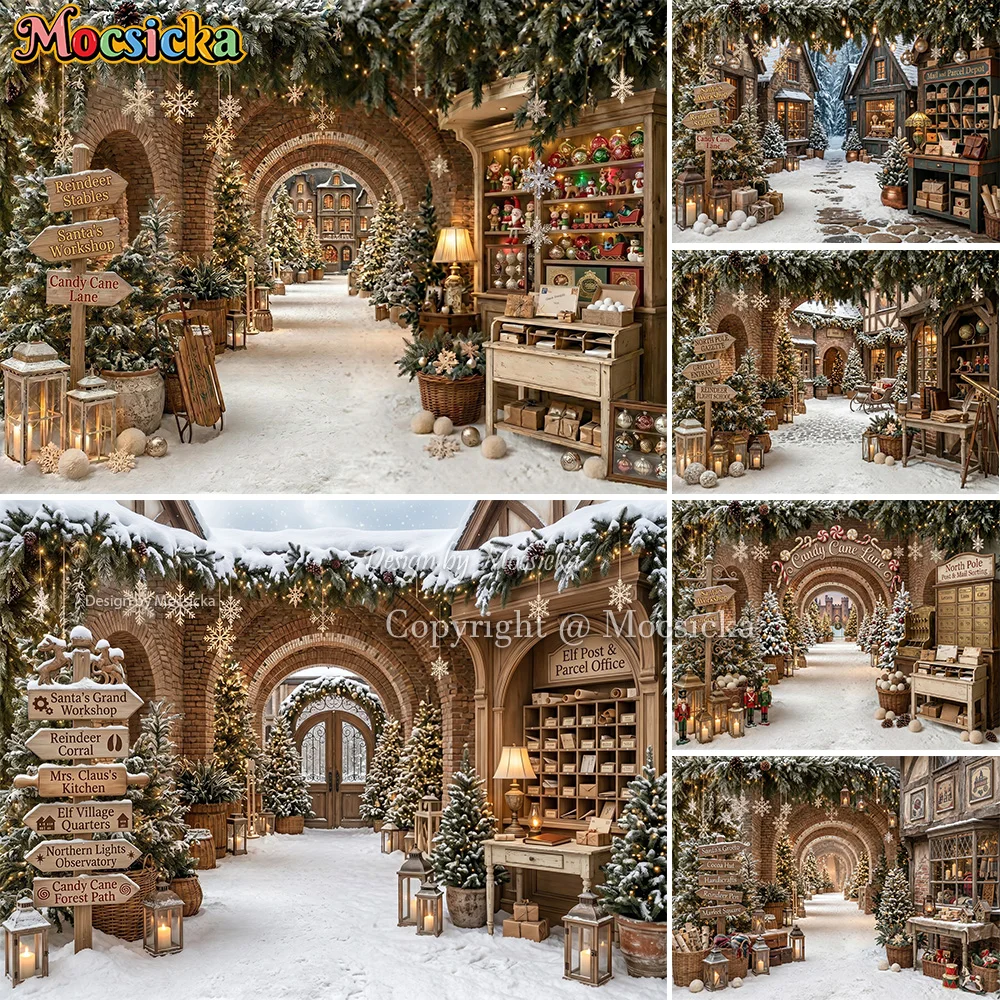 Mocsicka Santa Village Street Hintergrund für Fotografie, verschneiter Torbogen, Postamt, Winter, Weihnachten, Hintergrund für Kinder, Urlaub, Familienfoto