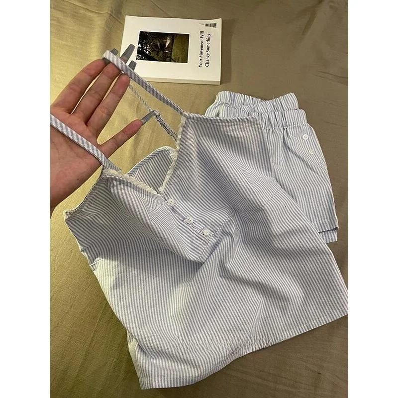 طقم ملابس نوم نسائي صيفي جديد بتصميم ياباني، قميص نوم بحمالات ملونة وشورت كاجوال، ملابس منزلية برقبة على شكل V #1