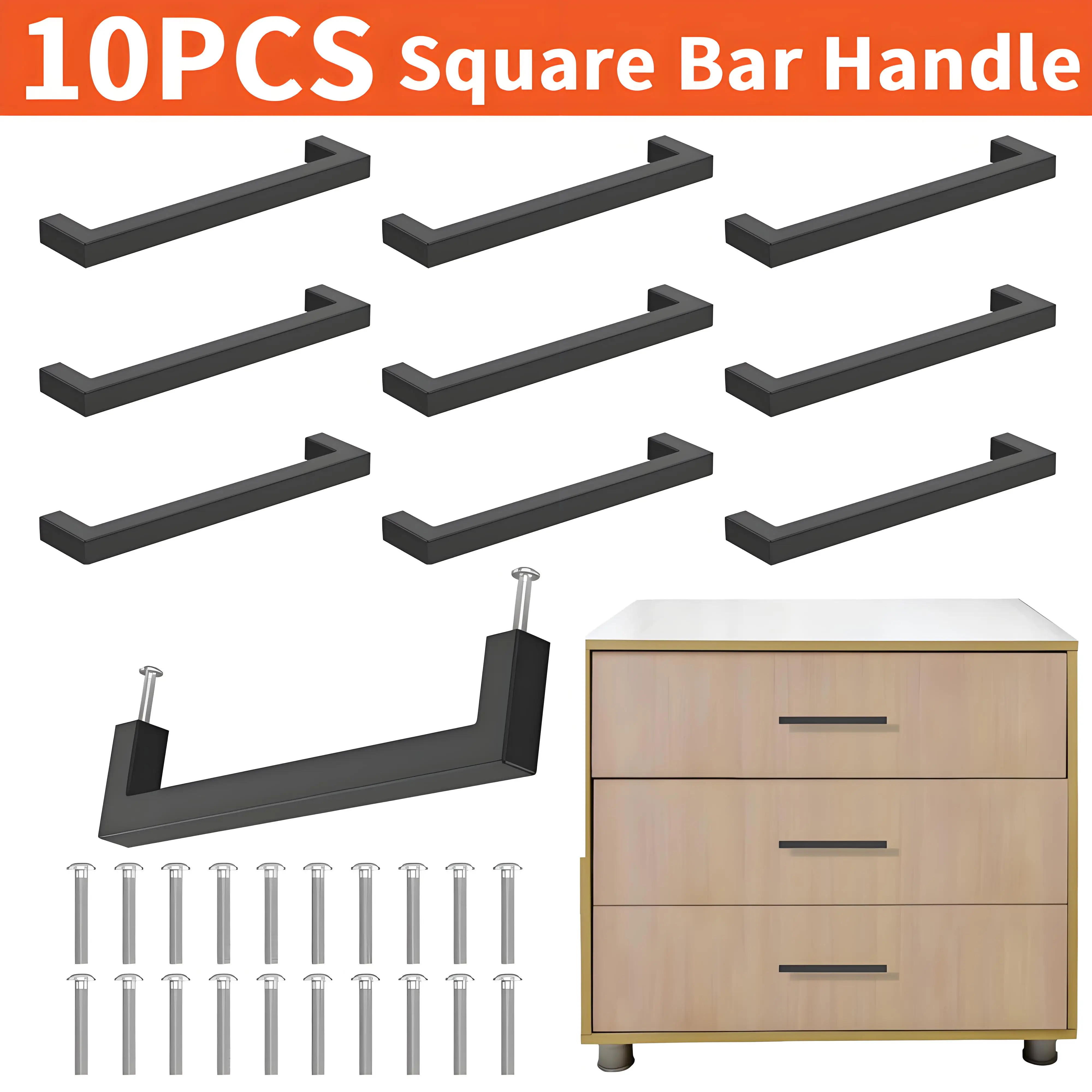 

10Pcs Stainless Steel Cabinet Handle Black Modern Square Bar Drawer Handle With 160mm Hole Spacing for Kitchen Bedroom Bathroom