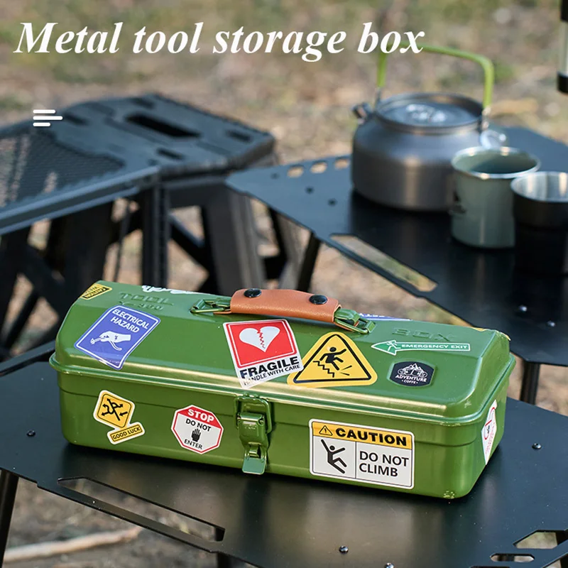 

1Pc Outdoor Camping Toolbox with Stickers Miscellaneous Storage Box Portable Handheld Metal Storage Box Multifunctional Tool Box