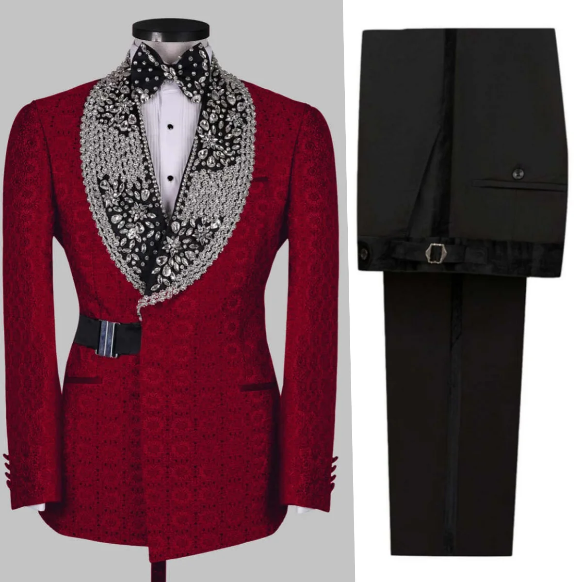 

Luxurious Jacquard Men Suits Shawl Lapel Long Sleeve Jacket Sets Loose Fit Crystals Groom Wedding Tuxedos 2 Pieces