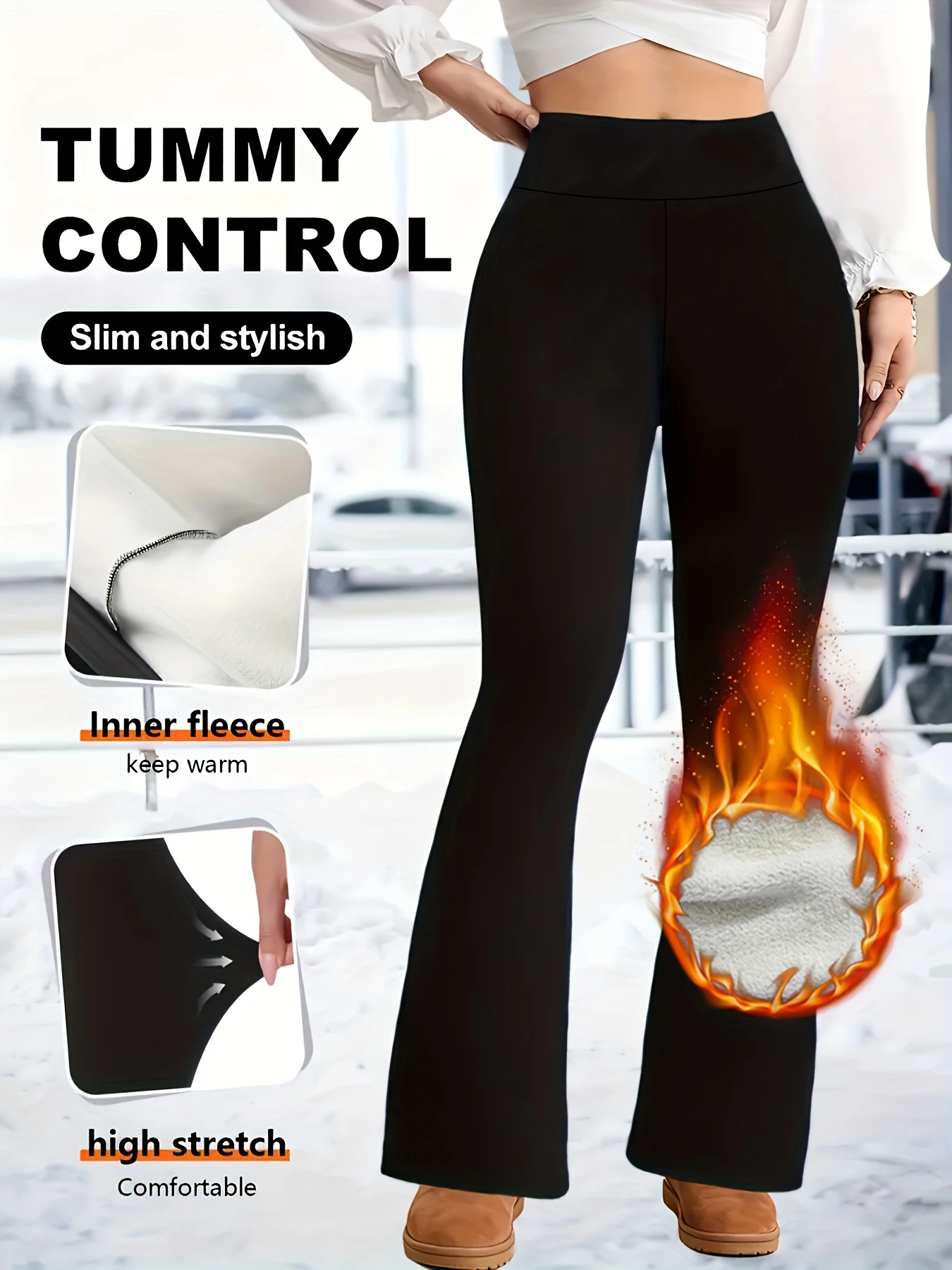 

Зимние новинки 2026: Черные женские брюки-клеш с высокой талией, удлиненные, с эффектом утяжки живота, термоэластичные, облегающие, для повседневной носки и активного отдыха