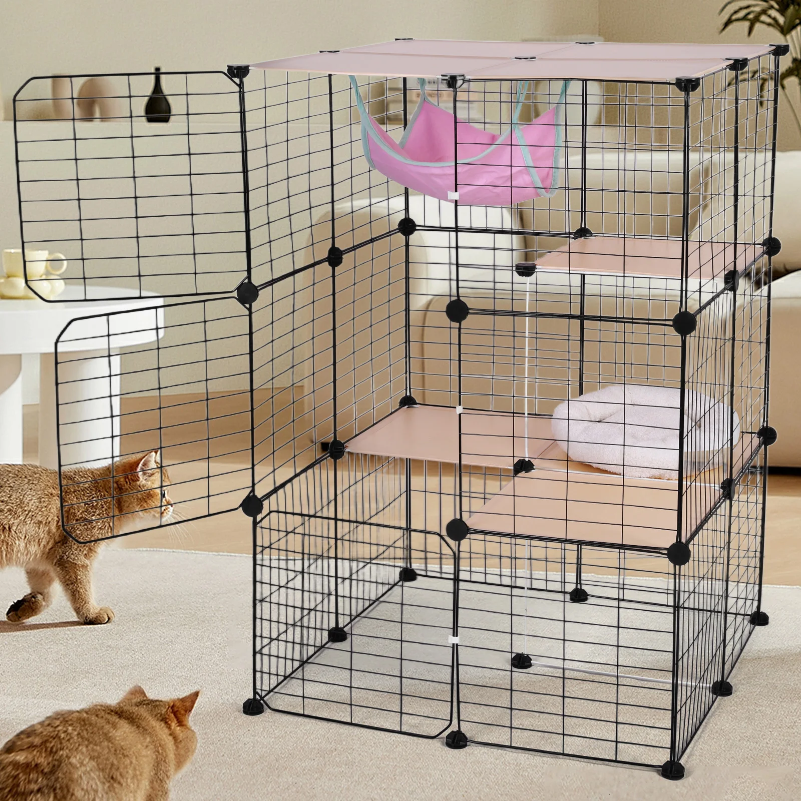 قفص قطط قابل للفصل من 3 طبقات مع أرجوحة وسرير للقطط، قفص بيت سلكي مثالي كبير للتمرين، مثالي لـ 1-3 قطط
