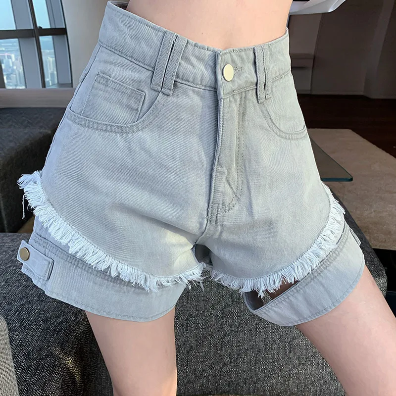 

Hot Pants Goth 2023 Summer Women's Fake Two Pieces High Waist Solid Female Street Style A-line Blue Denim Shorts Sexy All-Match