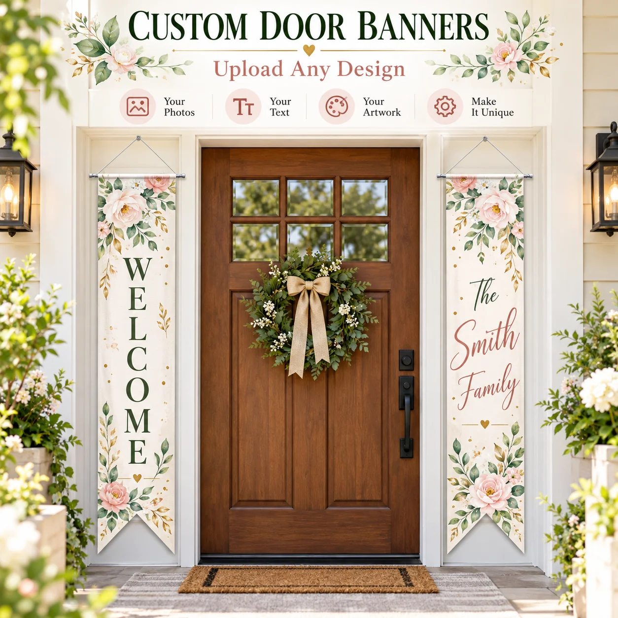 Custom Porch Banner Set of 2, Personalized Any Image Design Triangular Door Flag for Party Decor, 11.8x47.2IN