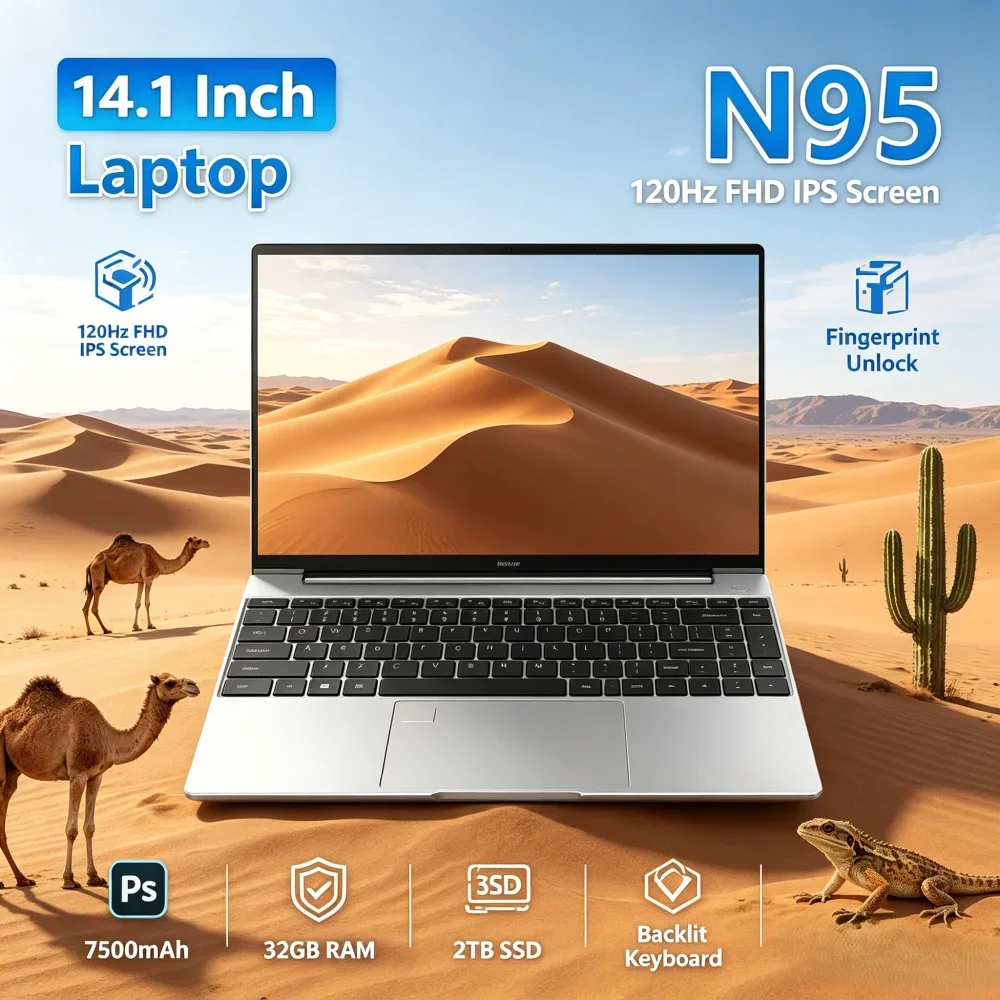 

Original 14.1" Laptop N95 Chip 120Hz FHD IPS Screen 7500mAh Battery 32GB RAM 2TB SSD Backlit Keyboard Fingerprint Notebook