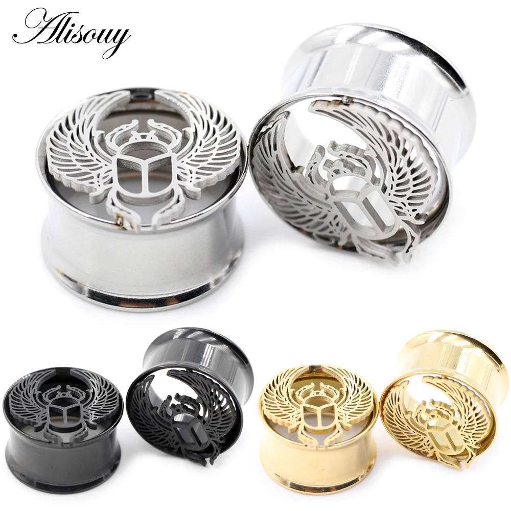 Alisouy 2pcs Stainless Steel Wings Ladybug Ear Tunnels Plugs Flesh Expanders Stretchers Gauges Earrings Piercing Body Jewelry