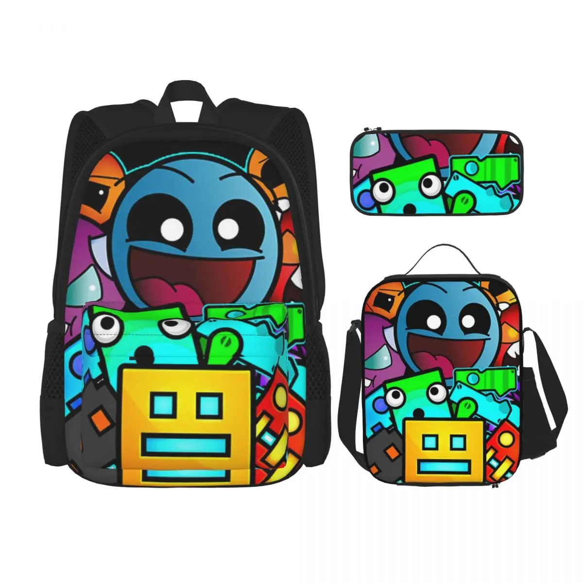 Geometry Dash-mochila de juegos para estudiantes, morral escolar de dibujos animados para niños, bolsa de almuerzo, juego de tres piezas