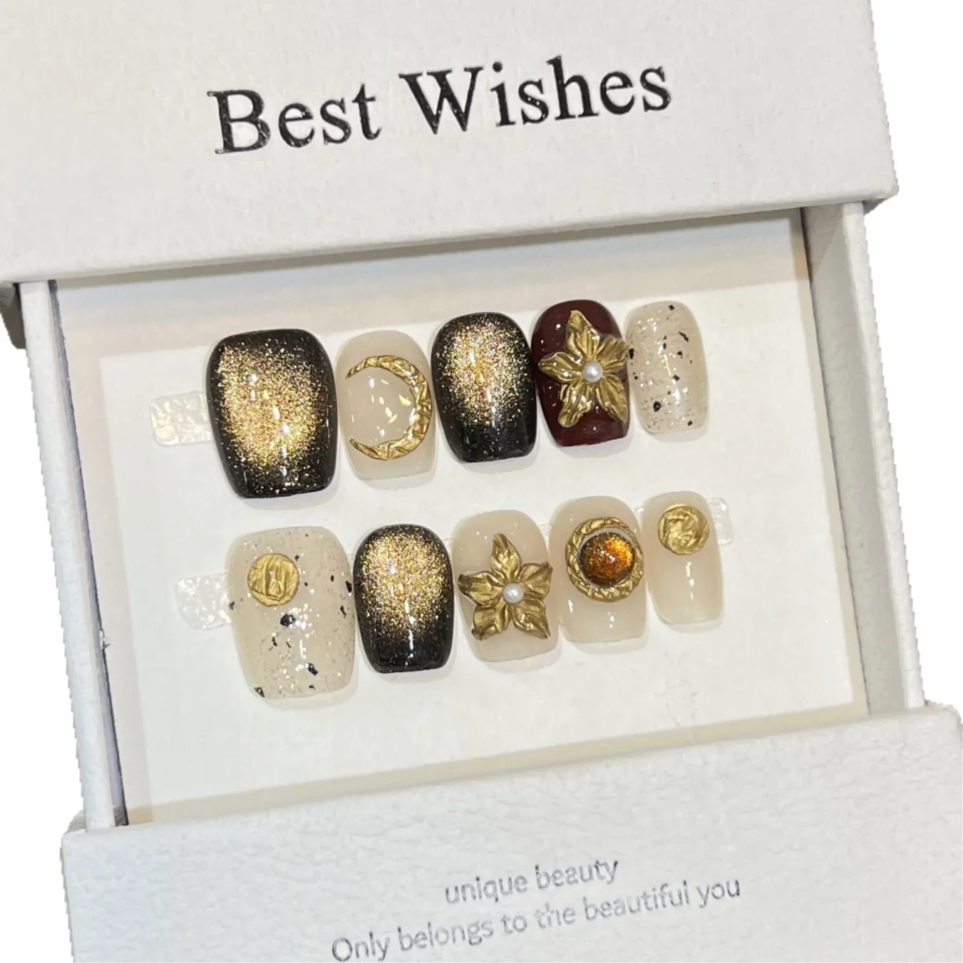 10 قطعة لطيف قصير مربع مستدير اليدوية يمكن ارتداؤها اضغط على الأظافر كاذبة عيون القط الماس الذهبي الإغاثة غطاء كامل مسمار فتاة هدية #5