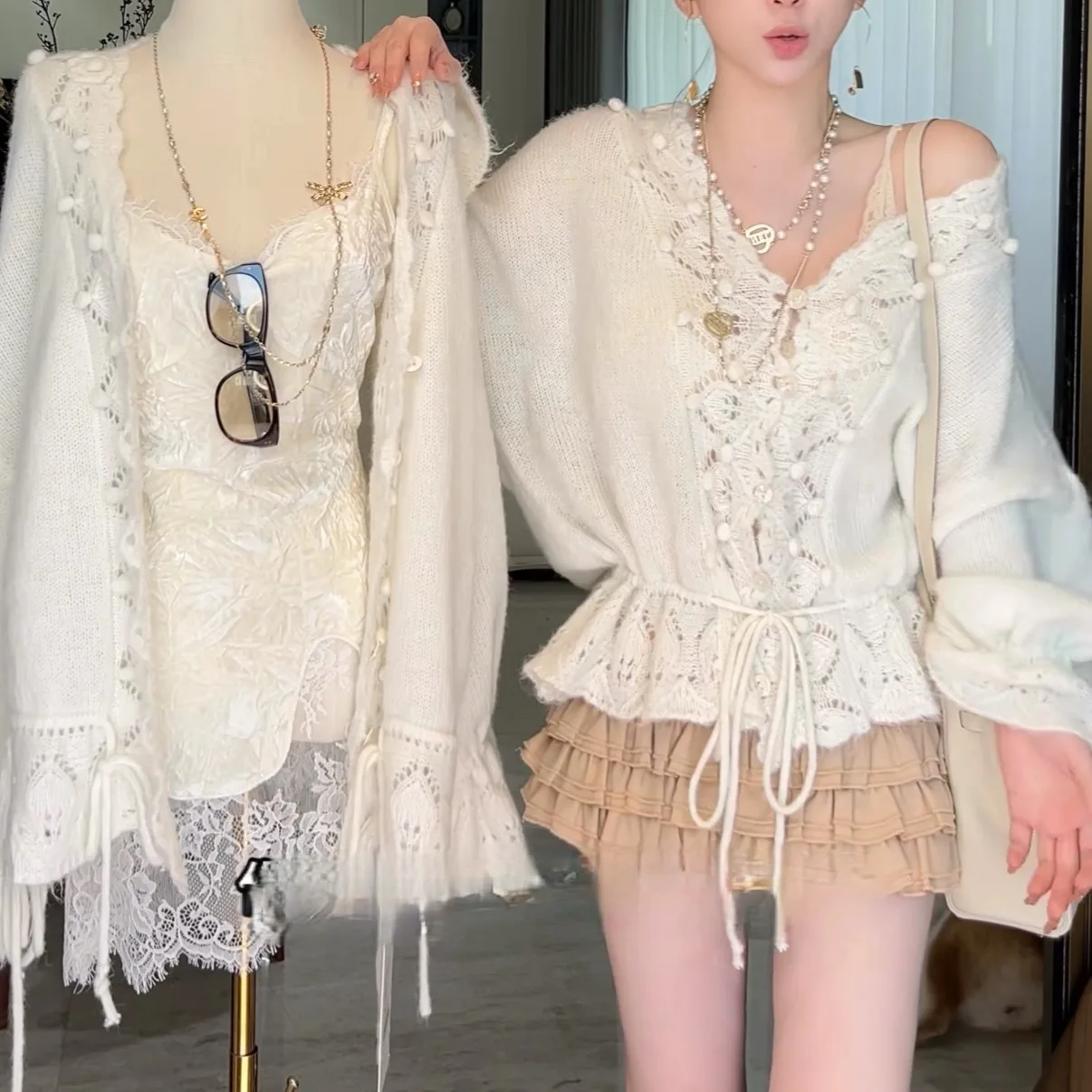 

Autumn Women's Loose Knitted Cardigan Hollow out Crochet Sweet Lace Up V Neck Button up Long Sleeve Casual Sweater F05