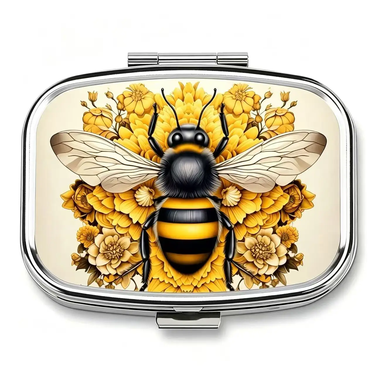 Vintage Bee & Yellow Flowers Print Metal Pill Box, Portable 2-Compartment Travel Pill Organizer for Vitamins & Daily Pills