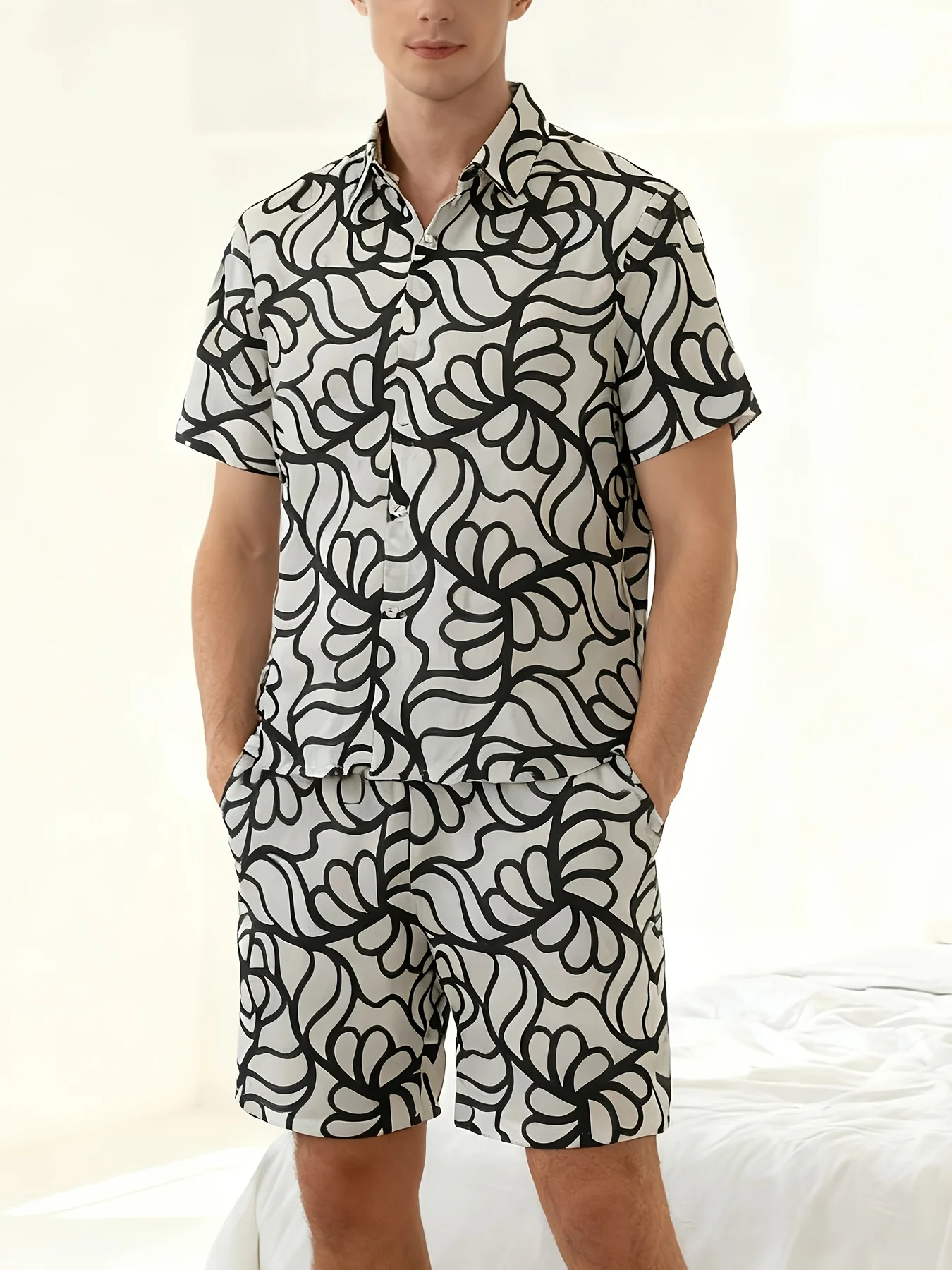 

Мужской летний пижамный комплект с абстрактным принтом: рубашка с коротким рукавом + шорты с карманами и завязками, дышащий пижамный комплект, мужские комплекты пижам