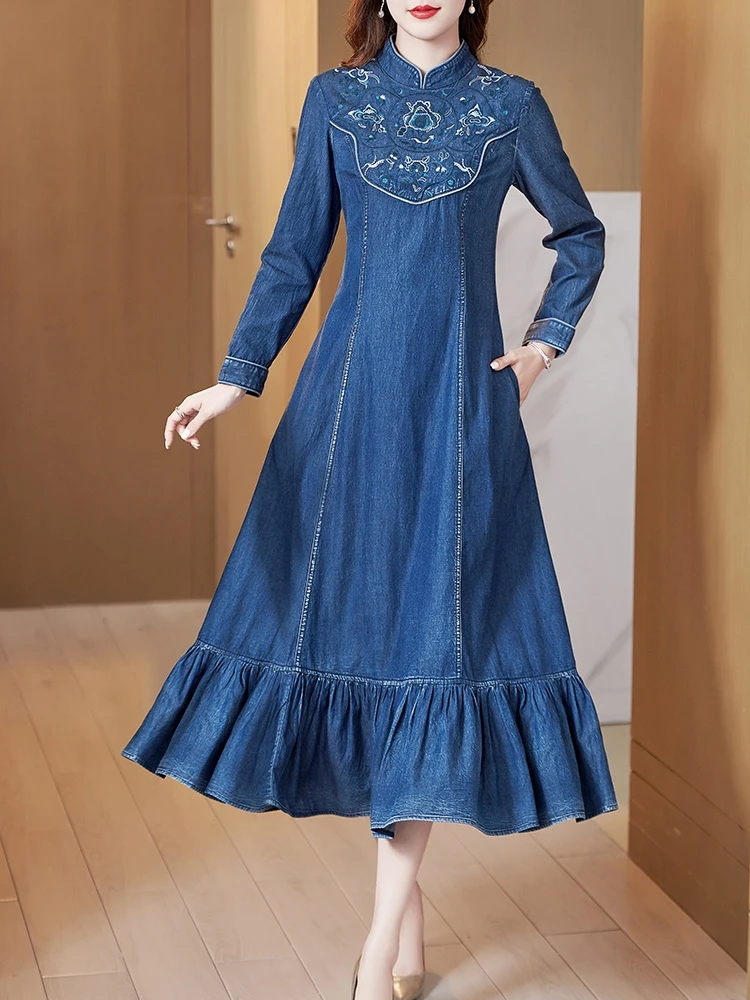 TIYIHAILEY Free Shipping 2023 New Women Long Mid-Calf Full Sleeve Denim Spring Dresses M-2XL Chinese Style Embroidery Cheongsam