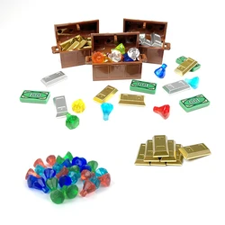 MOC Building Blocks Compatible With LEGO Golden Silver Bricks Coins Gemstones Diamonds Pirate Treasure Chest Parts Kits Toys