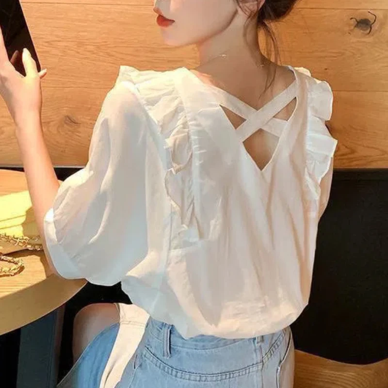 Korean Fashion Summer New Women\'s V-Neck Solid Edible Tree Fungus Bandage Temperament Versatile Loose Short Sleeve Shirts Tops