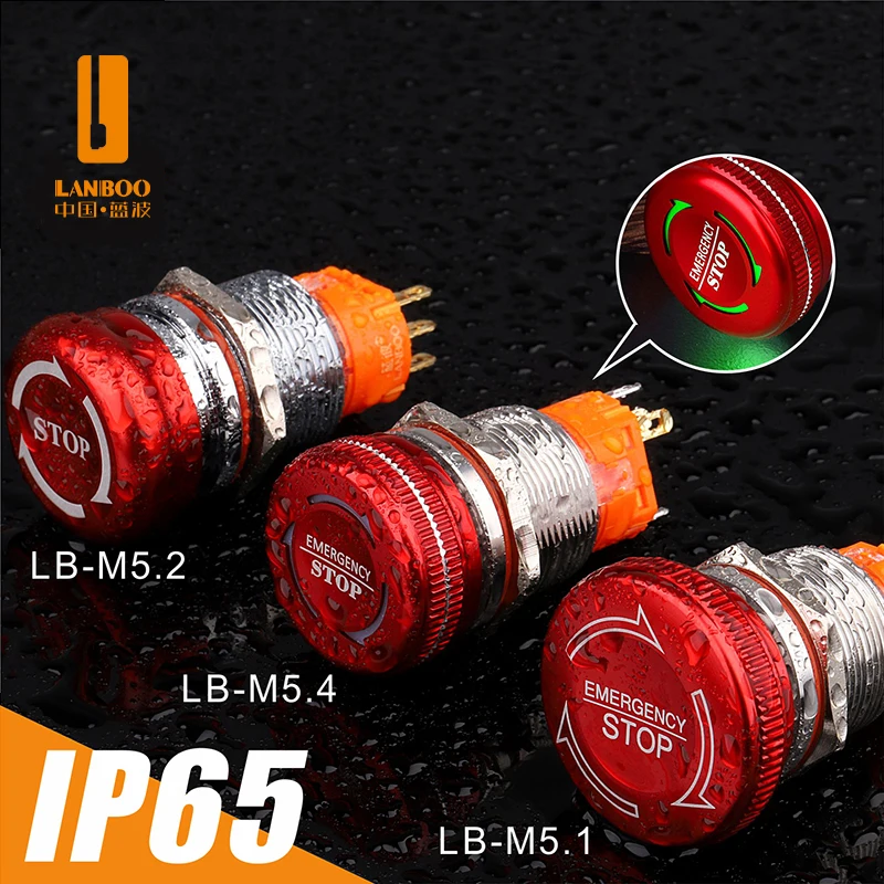 LANBOO 19mm/22mm Metal Emergency Stop Latching Pushbutton Switch -1NO1NC/2NO2NC  Available Stainless steel/chrome plated Options