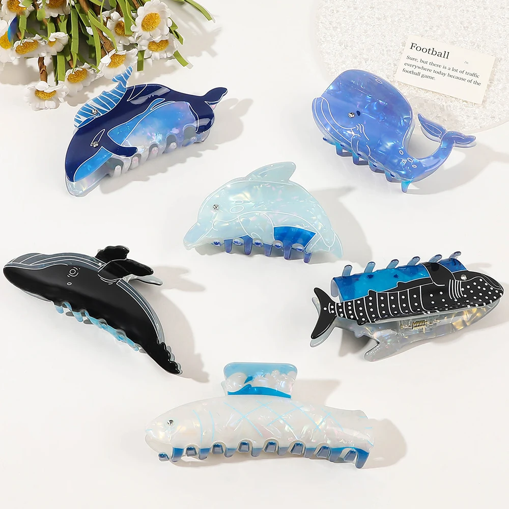 New Blue Whale Hair Claws Acetic Acid Ocean Animal Series Hairpins Cartoon Ponytail Holder Hairclip Shark Women Hair Accessories