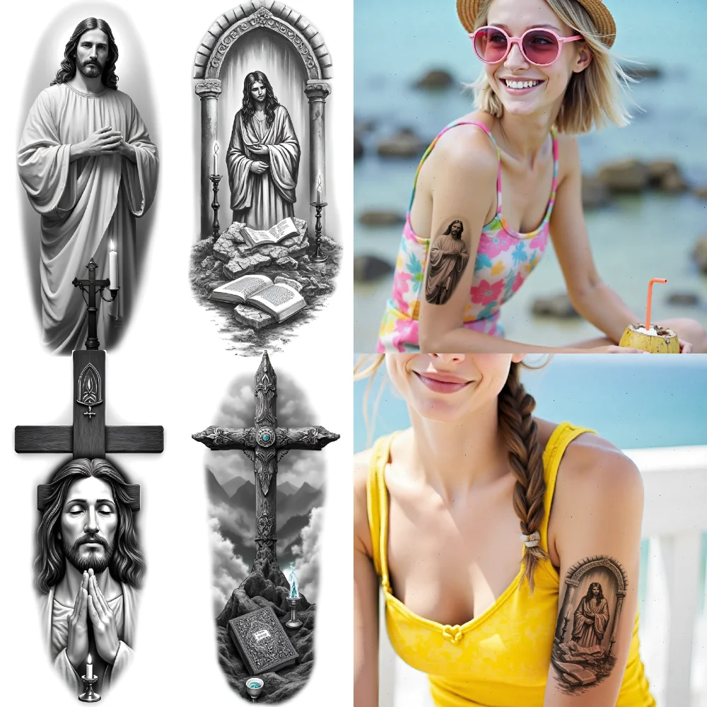 

3 шт. временная татуировка Иисус искусство черный и серый реализм религиозные символы водостойкие долговечные наклейки для тела для рук бедер