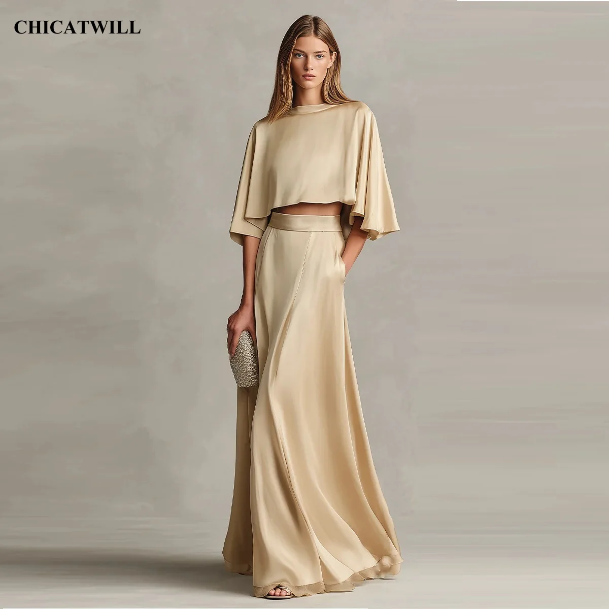 CHICATWILL Autumn Luxury Elegant Women's Two Pieces Set Satin Half Sleeves Cape Top T-shirt Long Skirt Evening Party Lady Wear