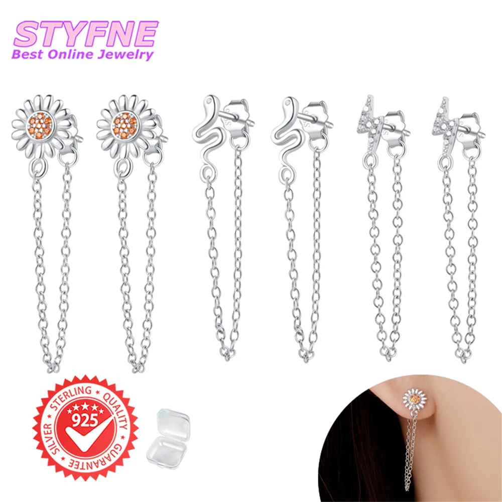 3 Set 925 Sterling Silver Snake & Lightning & Sunflower Chain Stud Earrings for Women Girls Fashion Earrings Jewelry Gifts