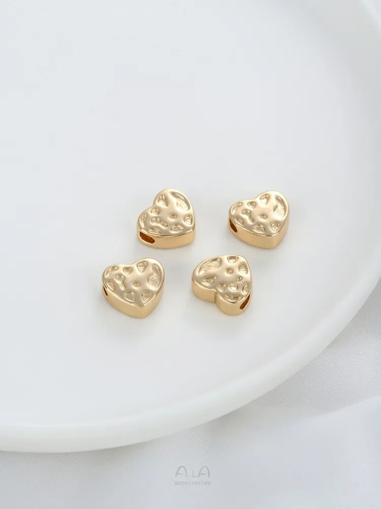 14k ouro-cor côncavo e convexo flor de ameixa coração grande buraco grânulo diy artesanal frisado pulseira colar jóias acessórios