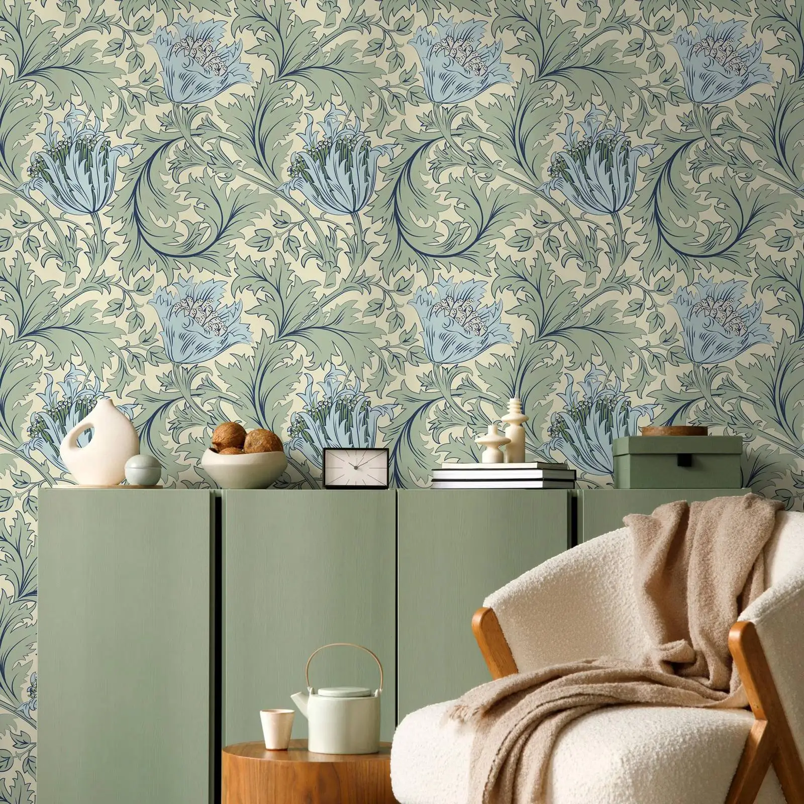 Light Green William Morris Wallpaper Peel and Stick,Flower Wallpaper For Home Decor Wall Art,Self-adhesive Or Tradiitonal Papers