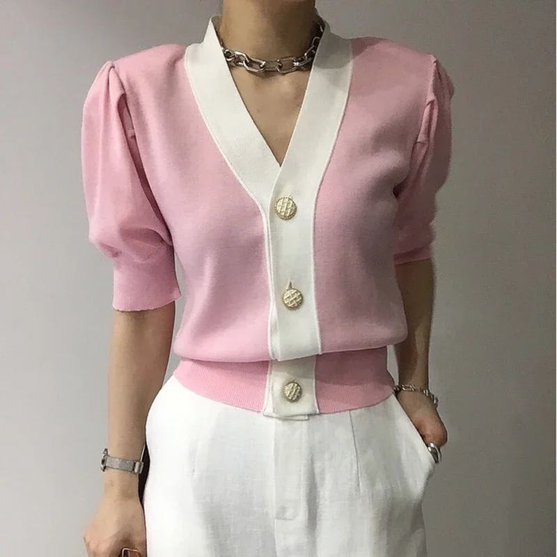 

Knitted Cardigan T Shirt Women Thin Short Sleeve Tshirts Korean Fashion Clothes Female Summer V Neck Tops Pink Tee Shirt