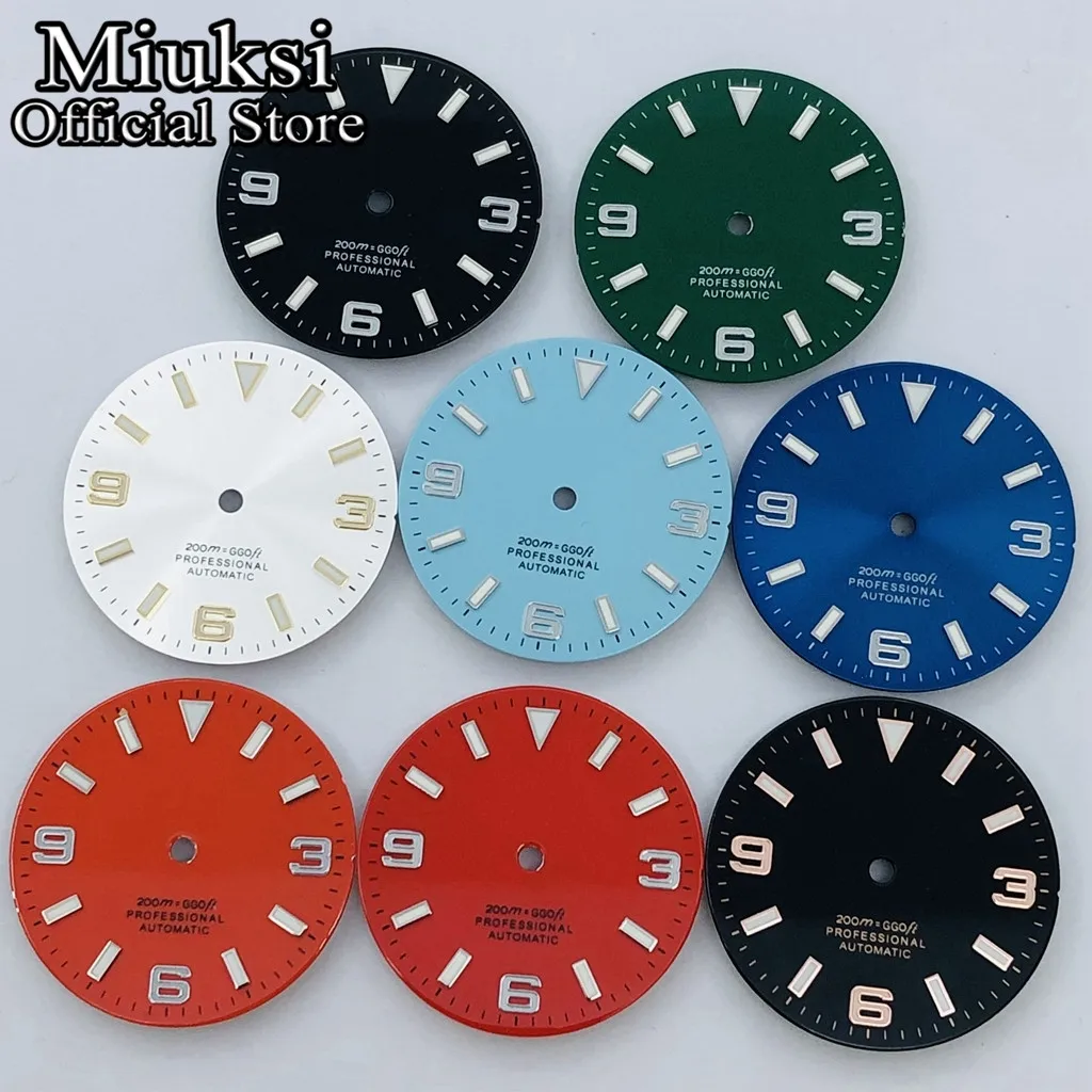 Miuksi 29mm black green yellow red silver orange watch dial luminous fit NH35 NH36 ETA2824 2836 Miyota8215 DG2813 3804 movement